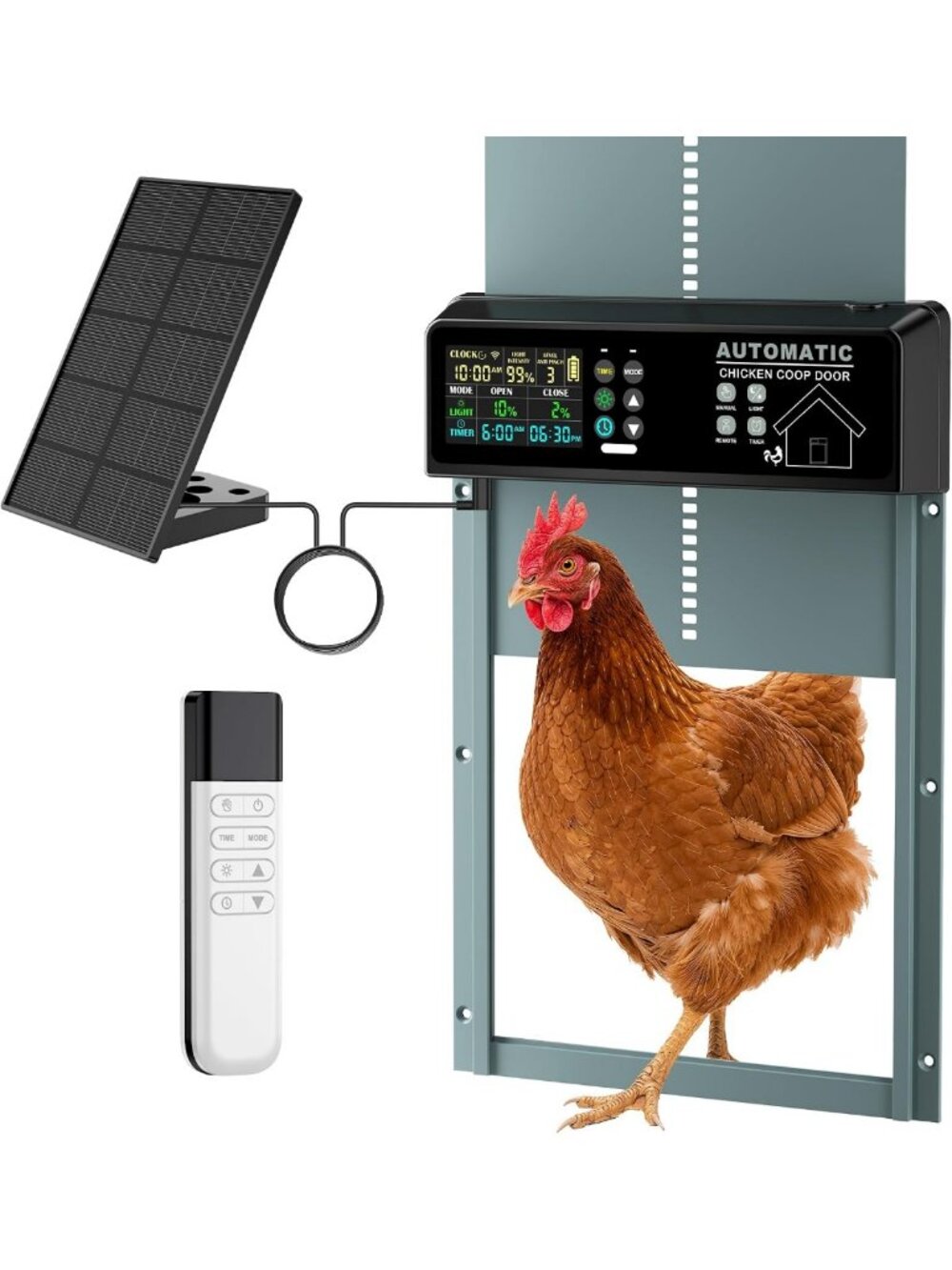 Automatic Solar Chicken Coop Door - Programmable, Remote Control, 6 Modes, Light